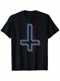 Men's T-Shirt Neon Outlined Inverted Cross Glowing In Blacklight Against Deep Black Background Cross