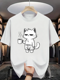 Men's T-Shirt Sleepy Morning Cat Holding A Steaming Coffee Cup Cartoon Cat