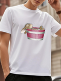 Men's T-Shirt Relaxing Bunny Laying Inside A Wooden Painted Pink Tub