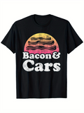 Men's T-Shirt Bacon And Cars Vintage Sunset With Striped Bacon Across Retro Background