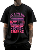 Men's T-Shirt Just A Girl Who Loves Sharks Vibrant Sunset Stripes With Silhouette Shark