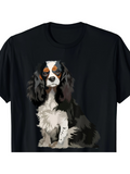 Men's T-Shirt Hand Painted Artistic Fluffy Puppy Sitting On Black Shirt Dog