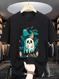 Men's T-Shirt Playful Forest Spirits Among Green Leaves With Cartoon Ghost