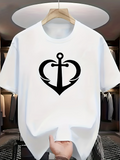 Men's T-Shirt Black Bold Anchor Surrounded By Curved Heart Symbol Centered Design
