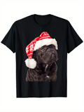 Men's T-Shirt Adorable Dog Wearing Festive Christmas Red Santa Hat Under Holiday Light