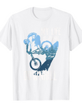 Men's T-Shirt Sky Blue Cityscape Motocross Silhouette With Stunt Rider Biking In Motion