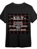 Men's T-Shirt Kilt With Tartan Check Plaid Background And Bold White Text