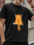 Men's T-Shirt Playful Cartoon Orange Cat Climbing On Black T Shirt