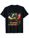 Men's T-Shirt Colorful Butterflies Flying Around Books With Reading Dragon