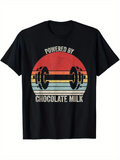 Men's T-Shirt Powered By Chocolate Milk Retro Sunset With Vintage Barbell Weightlifting Dumbbell