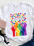 Women's T-Shirt We Rise By Lifting Others Colorful Hearts And Rainbow Hands