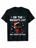 Men's T-Shirt On The Naughty List Festive Santa Hat With Mischievous Cat Surrounded By Snowflakes
