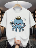 Men's T-Shirt Playful Sailor Octopus Exploring Underwater Adventure With Bubbles And Telescope Octopus