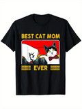 Men's T-Shirt Best Cat Mom Ever With Bowtie Cartoon Cat Under Red Sky