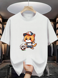 Men's T-Shirt Playful Ginger Cat With Soccer Ball Wearing Cap