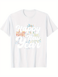 Men's T-Shirt Happy New Year With Colorful Fireworks Bursting Over White Festive Shirt
