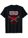 Men's T-Shirt Mechanic Food Ham Cheese And A Bit Of 10w30 With Red Engine And Green Wrenches On Black Shirt