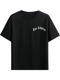 Men's T-Shirt Curved White Lettering Over Simple Black Cotton Los Angeles T Shirt