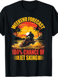 Men's T-Shirt Weekend Forecast Sunset Beach With Tropical Trees And Fast Jet Skiing