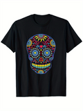 Men's T-Shirt Colorful Ornamental Flowers Swirling Around Sugar Skull