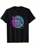 Men's T-Shirt Retro Neon Lines With Jumping Catfish Over Blue Violet Sunset