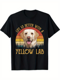 Men's T-Shirt Life Is Better With A Yellow Lab Smiling Dog Head With Sunset And Pine Forest