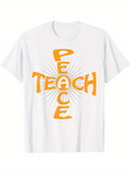 Men's T-Shirt Teach Peace Retro Yellow Letters Radiating Sunbeams White T Shirt