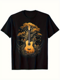 Men's T-Shirt Golden Autumn Leaves Growing Around Acoustic Guitar