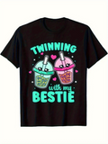 Men's T-Shirt Twinning With My Bestie Colorful Boba Drinks And Cute Hearts With Smiling Faces