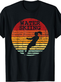Men's T-Shirt Water Skiing Silhouette With Retro Stripes At Sunset Over Water