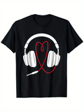 Men's T-Shirt Red Heart Shaped Wired Headphones On Black T Shirt