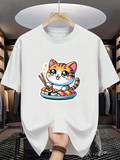 Men's T-Shirt Playful Manga Style Cat With Sushi Platter Sitting Cheerfully Dining Cat