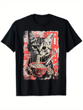 Men's T-Shirt Traditional Red Pattern With Pet Cat Holding A Bowl Of Noodles