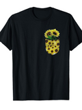 Men's T-Shirt Bright Sunflowers In Patterned Pocket On Casual Black Shirt