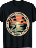 Men's T-Shirt Vintage Sunset Landscape With Wetlands Silhouetted Egret And Palm Trees