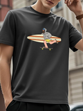 Men's T-Shirt Retro Urban Style With Surfer Carrying Striped Surfboard Skateboard
