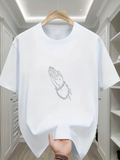 Men's T-Shirt Minimalist Thin Line Hands With Rosary Beads In Prayer