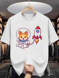Men's T-Shirt Playful Space Dog With Rocket Flying Among Stars Astronaut Adventure