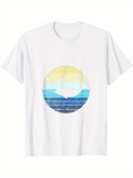 Men's T-Shirt Abstract Horizon With Faded Blue Yellow Lines In Calm Circular Design Sunset