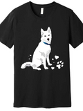 Men's T-Shirt Sitting White Dog With Blue Collar Surrounded By Paw Prints And Hearts Dog