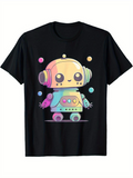 Men's T-Shirt Pastel Neon Circles Floating Around Playful Cartoon Robot