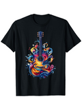 Men's T-Shirt Vivid Colorful Swirls And Flowing Flames With Abstract Waves Guitar