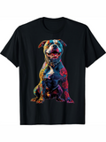 Men's T-Shirt Vivid Multicolored Abstract Brushstrokes Surrounding Smiling Sitting Dog