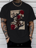 Men's T-Shirt Santa Botanical Hand With Vintage Newspaper And Red Roses
