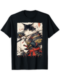 Men's T-Shirt Majestic Black And White Cat Warrior In Colorful Samurai Armor