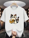 Men's T-Shirt Playful Cartoon Style Cat With Guitar Sitting In Spotlight