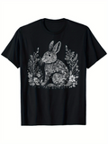 Men's T-Shirt Intricate Forest Flowers Surrounding Textured Gentle Rabbit