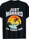 Men's T-Shirt Just Married 20 Years Ago Retro Sunset With Palm Tree And Sailing Boat