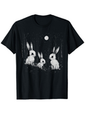 Men's T-Shirt Three White Rabbits Under The Full Moon In A Midnight Forest