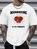 Men's T-Shirt Kickboxing Is My Therapy Bold Red Gloves Surrounded By Sunburst Lines Graphic